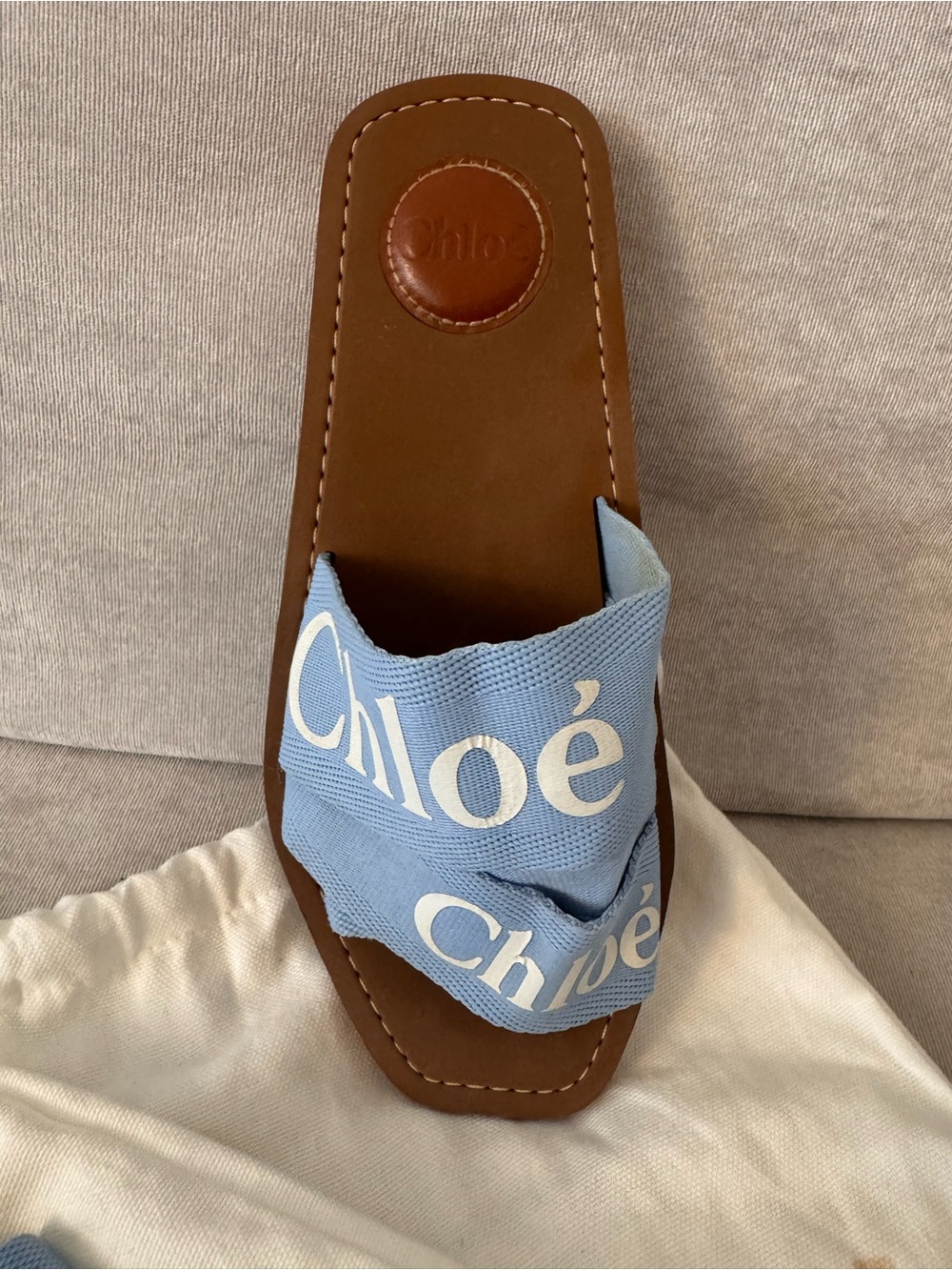 Chloé Blue Logo Ribbon Leather Slide Sandals - Picture 5 of 7